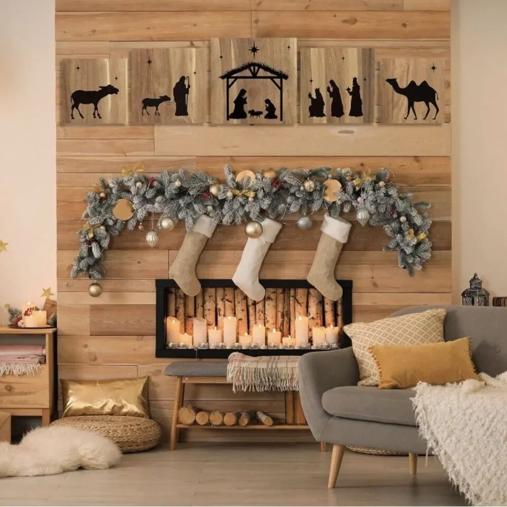 Christmas Nativity Scene 5‎  Pieces Wooden Hanging Frame Ornament Christmas